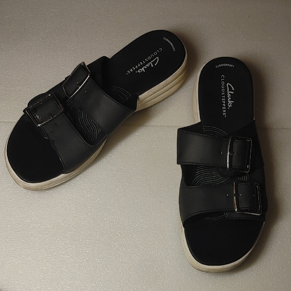 Clarks Black Double-Buckle Cloudsteppers Slide Sandals with Cream Platform